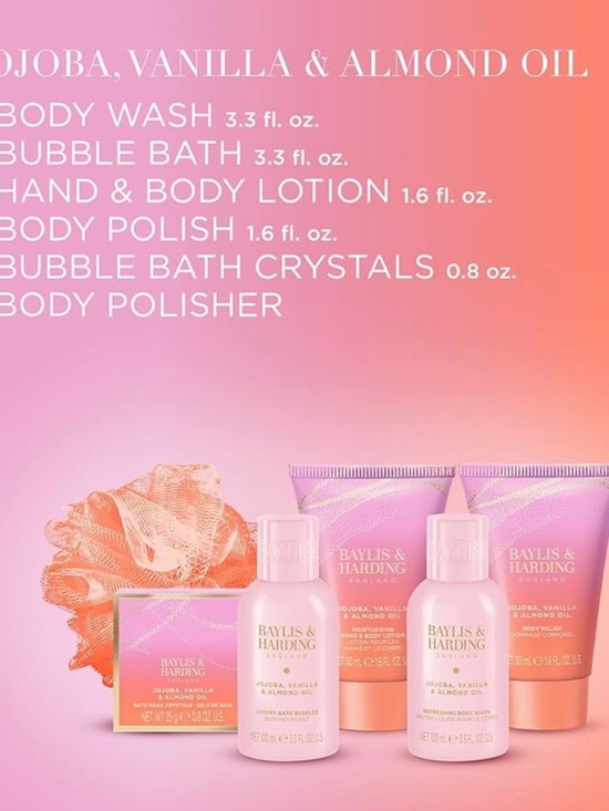 Jojoba, Vanilla & Almond Oil 6 piece Pink & Peach Bath Gift Set with Loofah - Picture 4 of 4